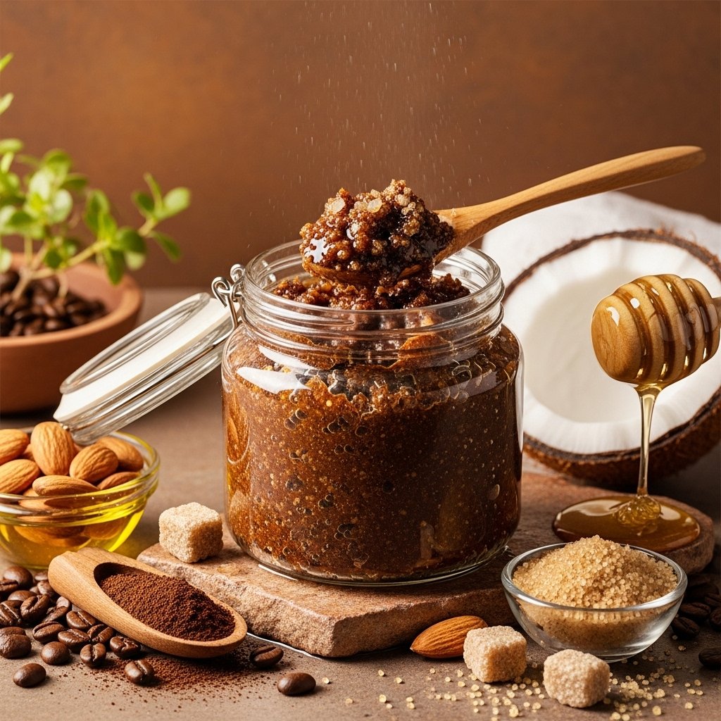 "DIY coffee and sweet almond oil body scrub-moisturizer for men’s skincare. Exfoliates and nourishes skin with natural ingredients like coffee grounds, almond oil, and coconut oil."