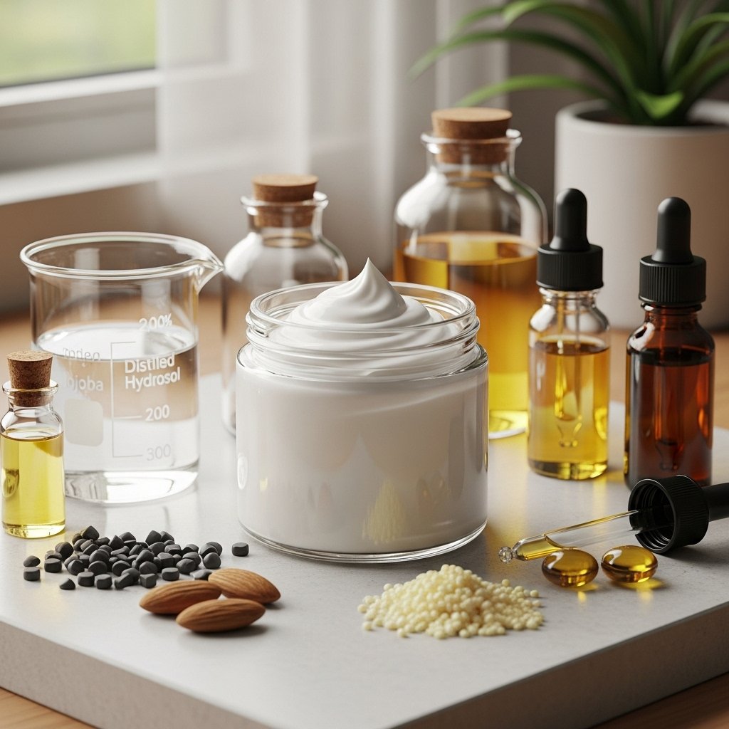 "DIY customizable base cream for men’s skincare made with distilled water, carrier oils, emulsifying wax, and essential oils. A perfect recipe for a personalized moisturizer."