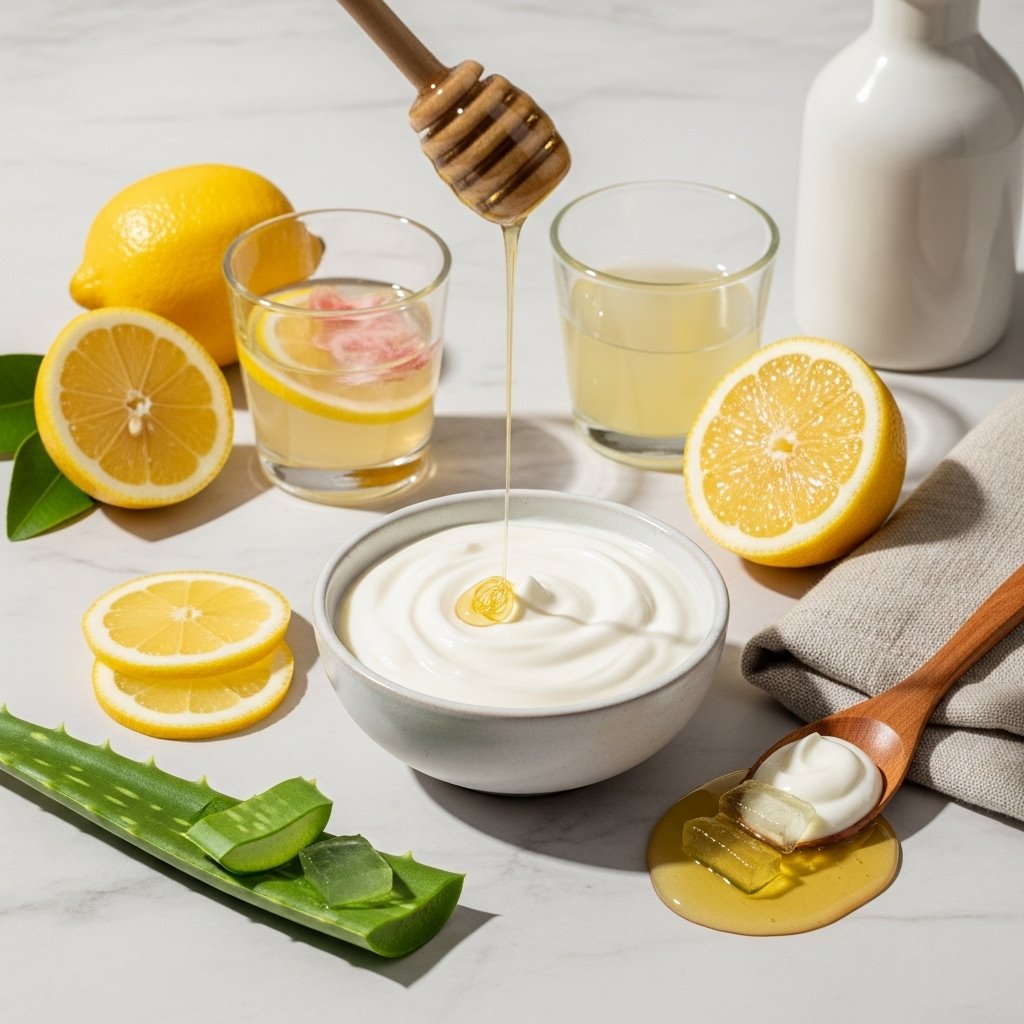 "Lemon and yogurt brightening mask with honey and aloe vera for men’s skincare. A natural remedy for dull skin that gently exfoliates and brightens."