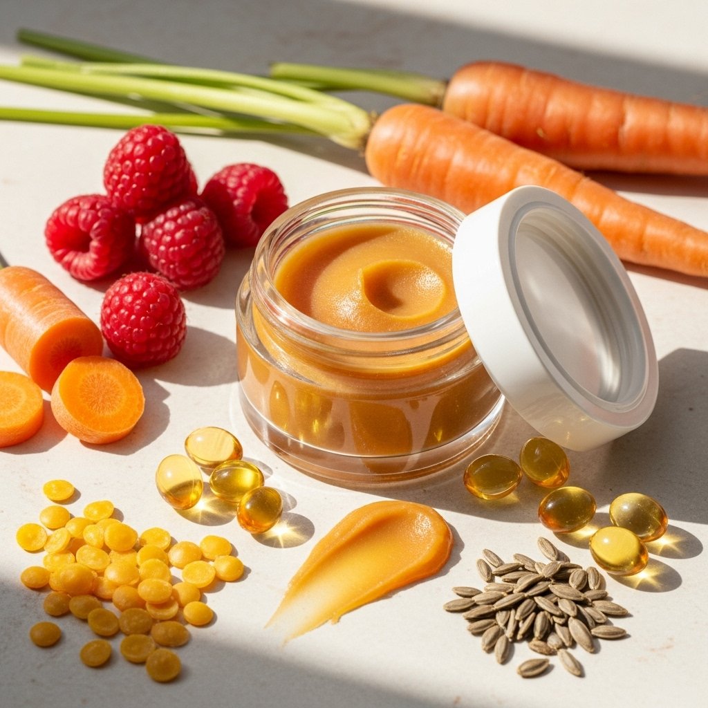 "Raspberry seed and carrot seed oil moisturizer with natural SPF boost. A DIY moisturizing cream for men that offers light sun protection and nourishes the skin."