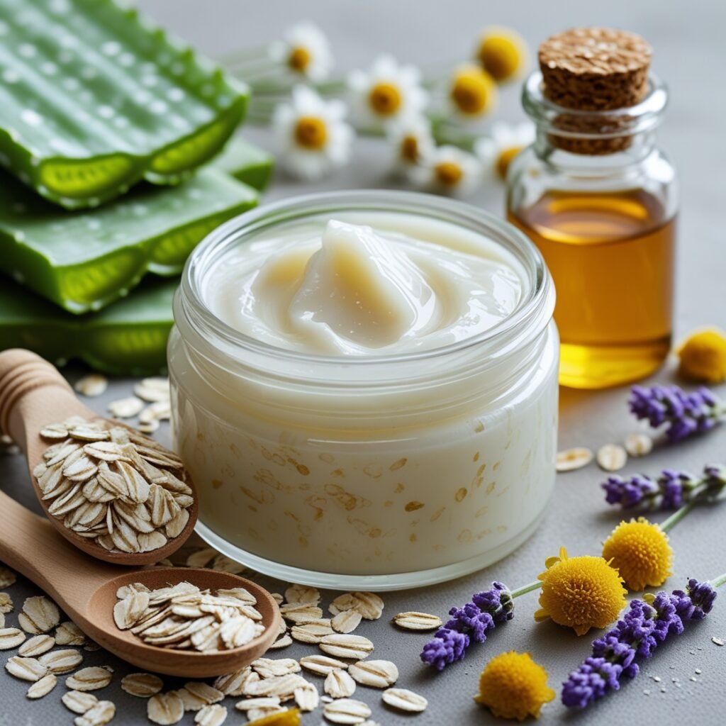 "Oatmeal and honey-based soothing cream for sensitive skin. A natural remedy with aloe vera, jojoba oil, and chamomile, perfect for calming irritated or reddened skin."